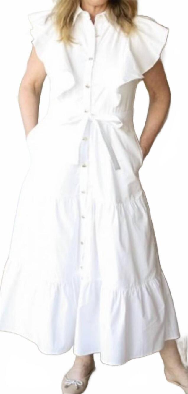 NEW ULTRAMARINE shoulder ruffle button-down midi dress in white